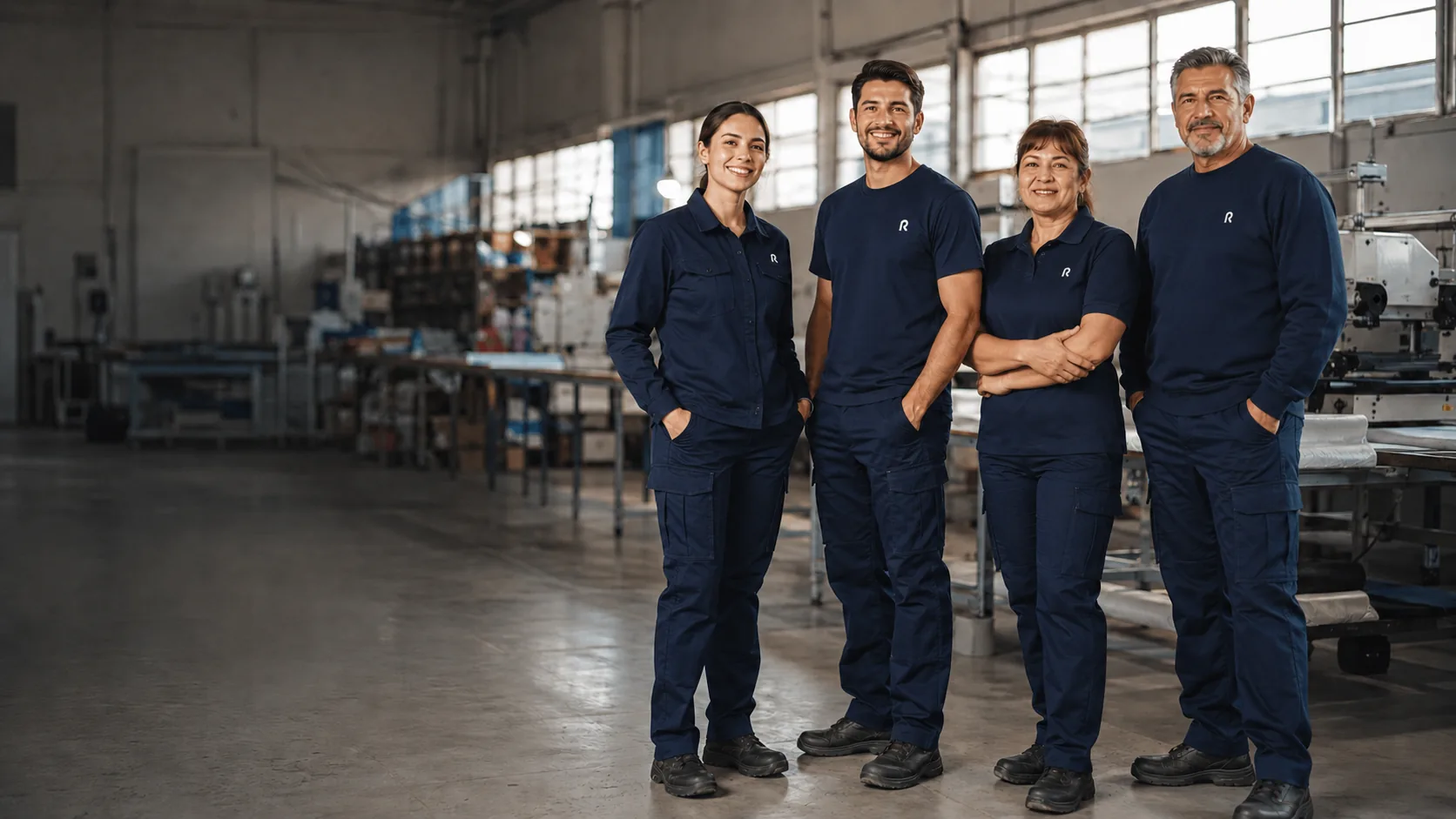 Equipo de trabajadores con uniformes industriales azul marino de Rueca, en la planta de confección.