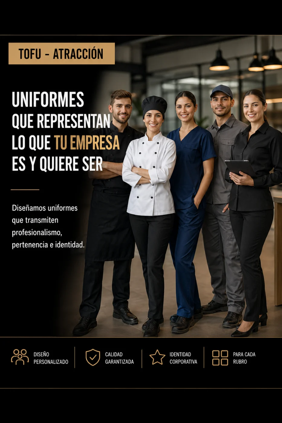 Uniformes que representan lo que tu empresa es y quiere ser: gastronomía, salud, industria, logística y administración.