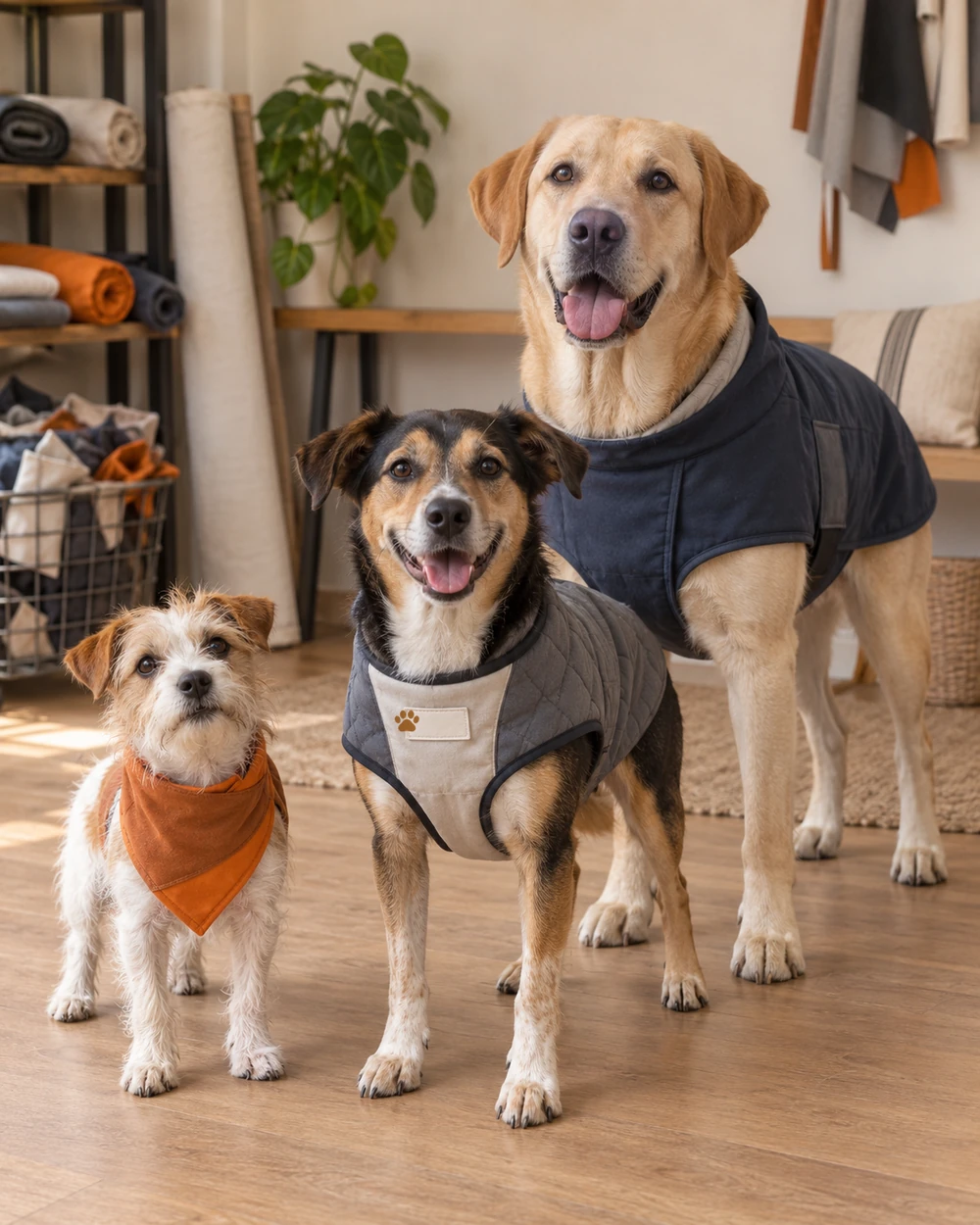 Perros de distintos tamaños con productos Pata Sucia hechos con retazos de uniformes.